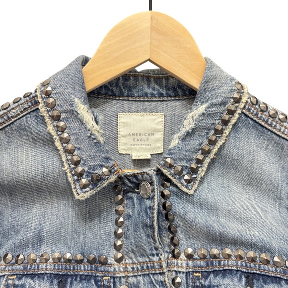 New American Eagle Outfitters Studded Denim Jacket Blue Distressed XS - Picture 4 of 12